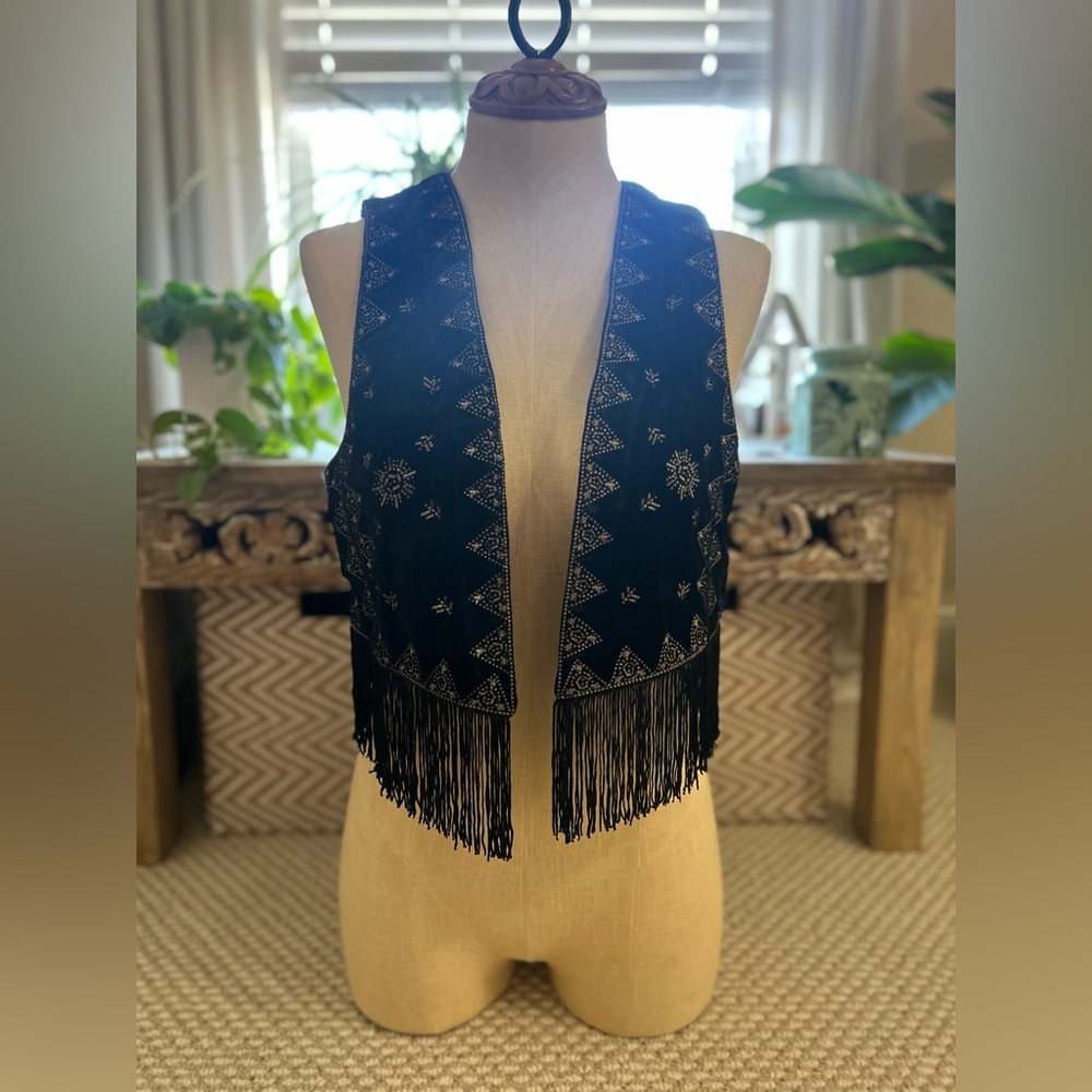 Free People Velvet Fringe Vest with Gold Embroidery